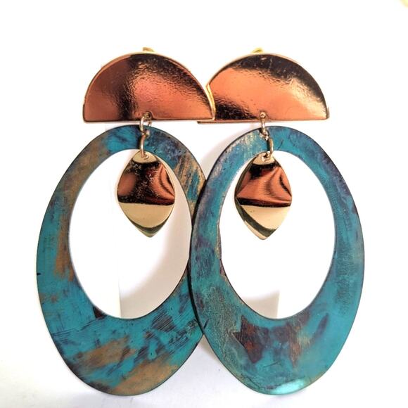 Bohemian Style Oxidized Patina Large Statement Dangle Art To Wear Post Earrings - Picture 1 of 4